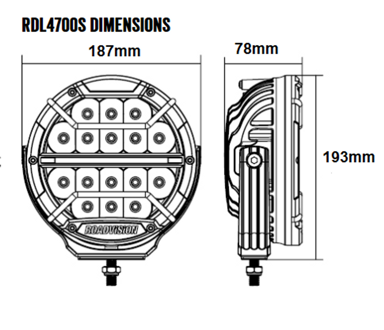 Line Drawing - RDL4701S - 7 inch Dominator DL2 Series Driving Lights with Daytime Running Lights. 78 watts. Tough and Durable. Premium Driving Light. Spot Beam. RoadVision. Ultimate LED.