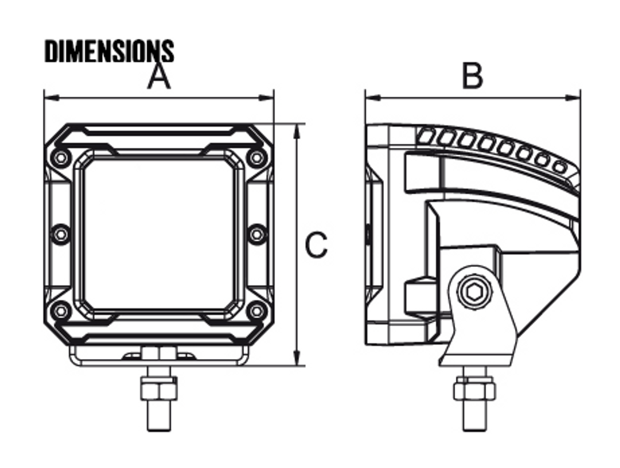 Line Drawing - RWL3420F - 4 Inch Square LED Flood Beam Work Light. 20 Watt. Multi-Volt 10 to 30 Volt DC. 5 Year Warranty. Flood Beam 20 watts. Roadvision. Ultimate LED.