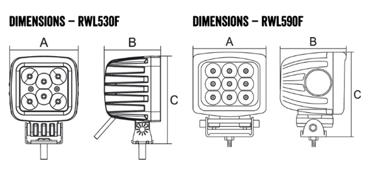 Line Drawing - RWL590F - Square 90 Watt LED Flood Beam Work Light. 90 Watt. Multi-Volt 10v & 30 Volt DC. 5 Year Warranty. Flood Beam 90 watts, 7200Lm. great Work Light. Roadvision. Ultimate LED.