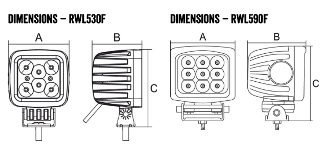 Line Drawing - RWL590S - Square 90 Watt LED Spot Beam Work Light. 90 Watt. Multi-Volt 10v & 30 Volt DC. 5 Year Warranty. Flood Beam. Great Work Light. Roadvision. Ultimate LED.