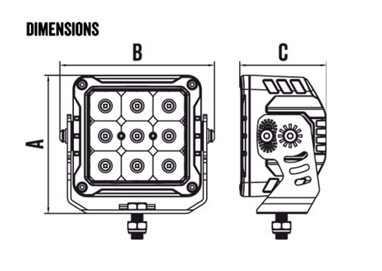 Line Drawing - RWL5280F - Square 120 Watt LED Flood Beam Work Light. 120 Watt. Multi-Volt 10v & 30 Volt DC. 7 Year Warranty. Flood Beam 120 watts, 9830Lm. Great Work Light. Roadvision. Ultimate LED.