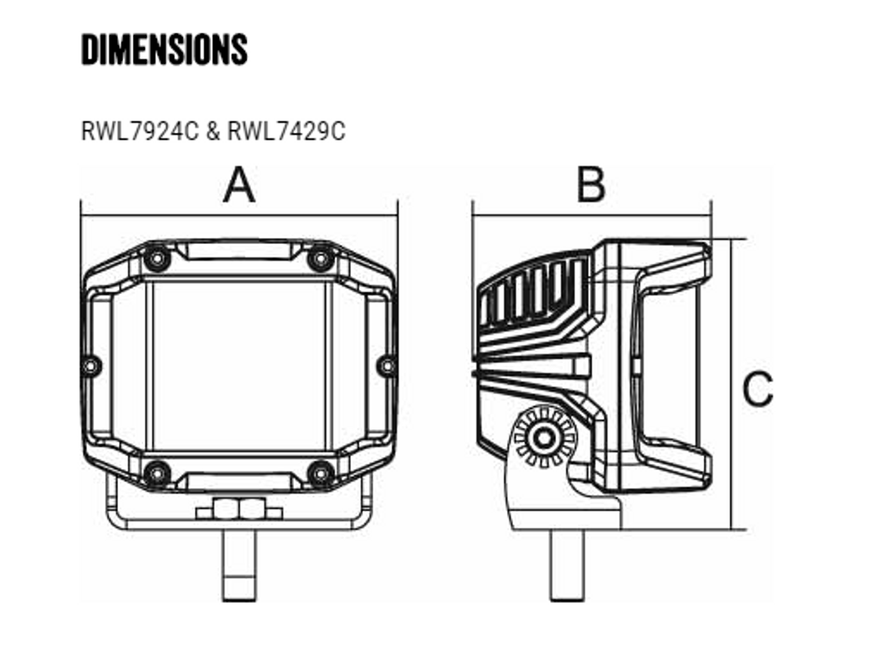 Line Drawing - RWL7429C - 4 Inch Square Sidewinder LED Flood Beam Work Light. 29 Watt. Multi-Volt 10 to 30 Volt DC. 5 Year Warranty. Combination Beam 29 watts, 2100Lm. Great Work Light. Roadvision. Ultimate LED.