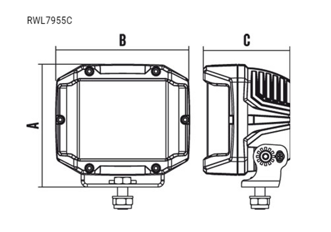 Line Drawing - RWL7955C - Square Sidewinder LED Flood Beam Work Light. 55 Watt. Multi-Volt 10v & 30 Volt DC. 5 Year Warranty. Combination Beam 55 watts, 4500Lm. Great Work Light. RoadVision. Ultimate LED.