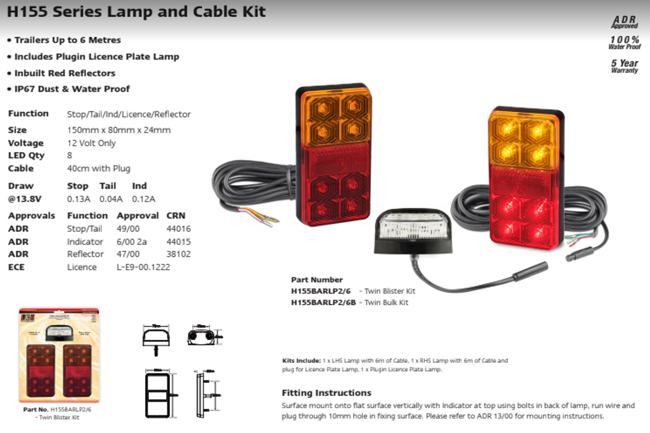 Data Sheet - H155BARLP2/6 - Small Trailer Combination Tail Lights. Stop, Tail, Indicator Light, with Reflector and Licence Plate Light. 12v Blister Twin Pack 6M Trailer Kit. LED Auto Lamps. Ultimate LED.