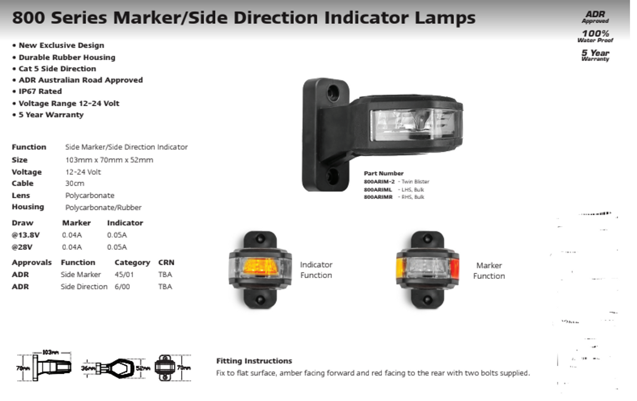 Data Sheet - 800ARIM-2 - Side Marker Light with Cat 5 Side Direction Indicator. Multi-Volt 12v & 24v Blister Twin Pack Amber, Red Lens & Amber, Red LED. LED Auto Lamps. Ultimate LED.
