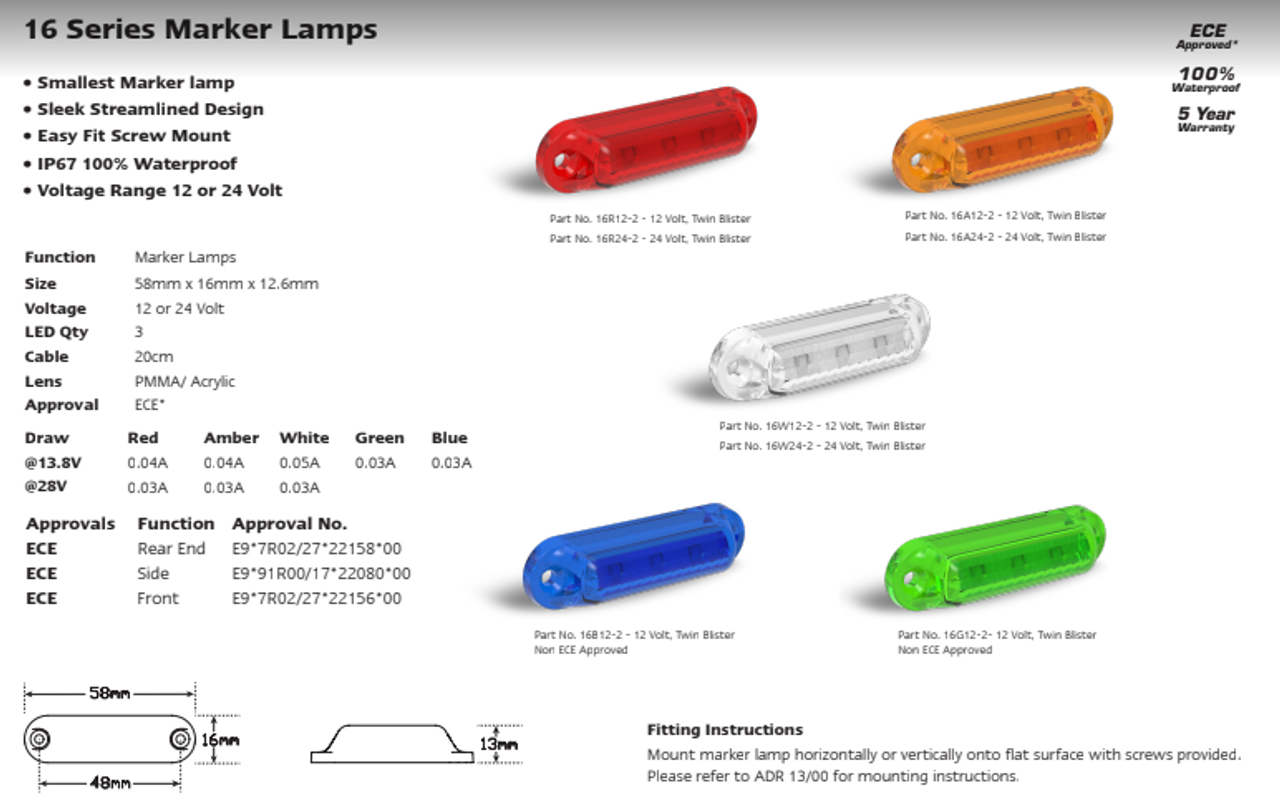 Data Sheet - 16A12-2 - Mini Marker light. Side Marker Light. Super Small and Compact. Caravan Friendly. Twin Pack Black Base Coloured Lens. Multi-Volt 12v & 24v. LED Auto Lamps. Ultimate LED.