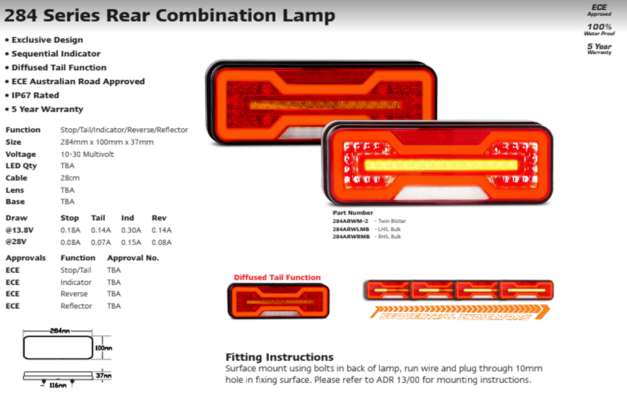 284ARWM-2 - Combination Tail Light. Stop, Tail, Indicator and Reverse Light with Reflector. Sequential Indicator. Diffused Tail Function. Multi-Volt 12v & 24v. Autolamp. Ultimate LED. 