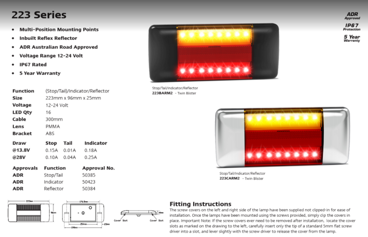 223CARM2 - Combination Tail Light. Small Tray & Truck Series Light. Black Chrome Cap Ends. Stop, Tail and Indicator Light with Reflector. Multi-Volt 12v & 24v. Autolamps. Ultimate LED.