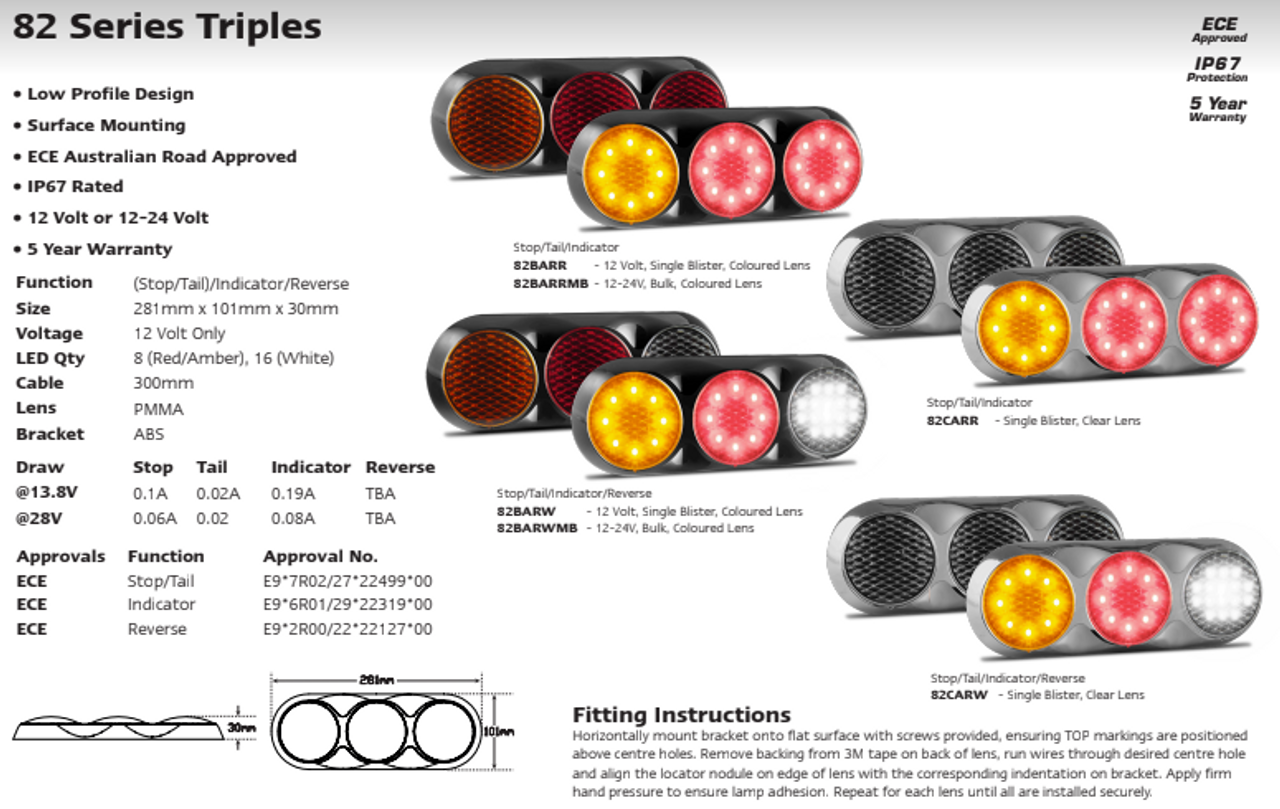 Data Sheet - 82BARR - Combination Tail Light. Small Tray & Truck Series Light. Black Housing. Coloured Lens. Stop, Tail and Indicator Lights. 12v Only. Autolamp. Ultimate LED. 