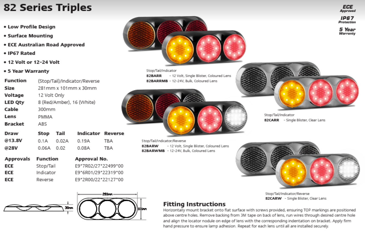 Data Sheet - 82CARR - Combination Tail Light. Small Tray & Truck Series Light. Chrome Housing. Clear Lens. Stop, Tail and Indicator Lights. 12v Only. Autolamp.  Ultimate LED. 