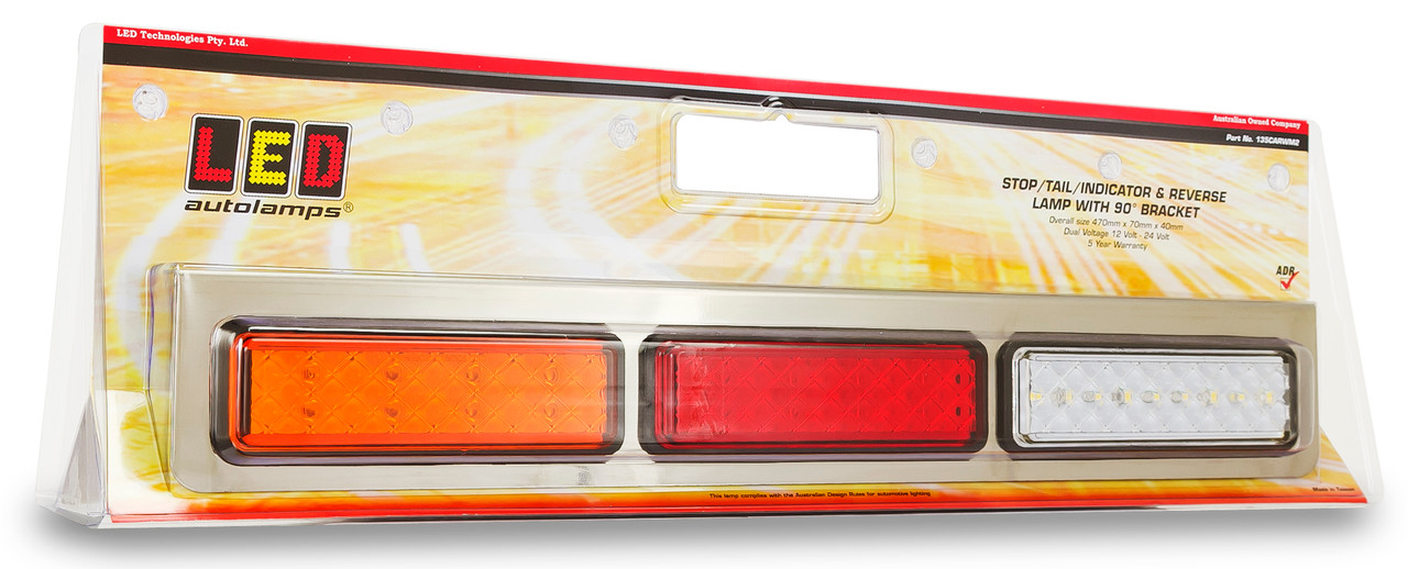 135CARRM  - Combination Tail Light. Small Tray & Truck Series Light. Stop, Tail, Indicator Lights. With Chrome 90 degree Mounting Bracket. Multi-Volt 12v & 24v. Autolamps. Ultimate LED. 
