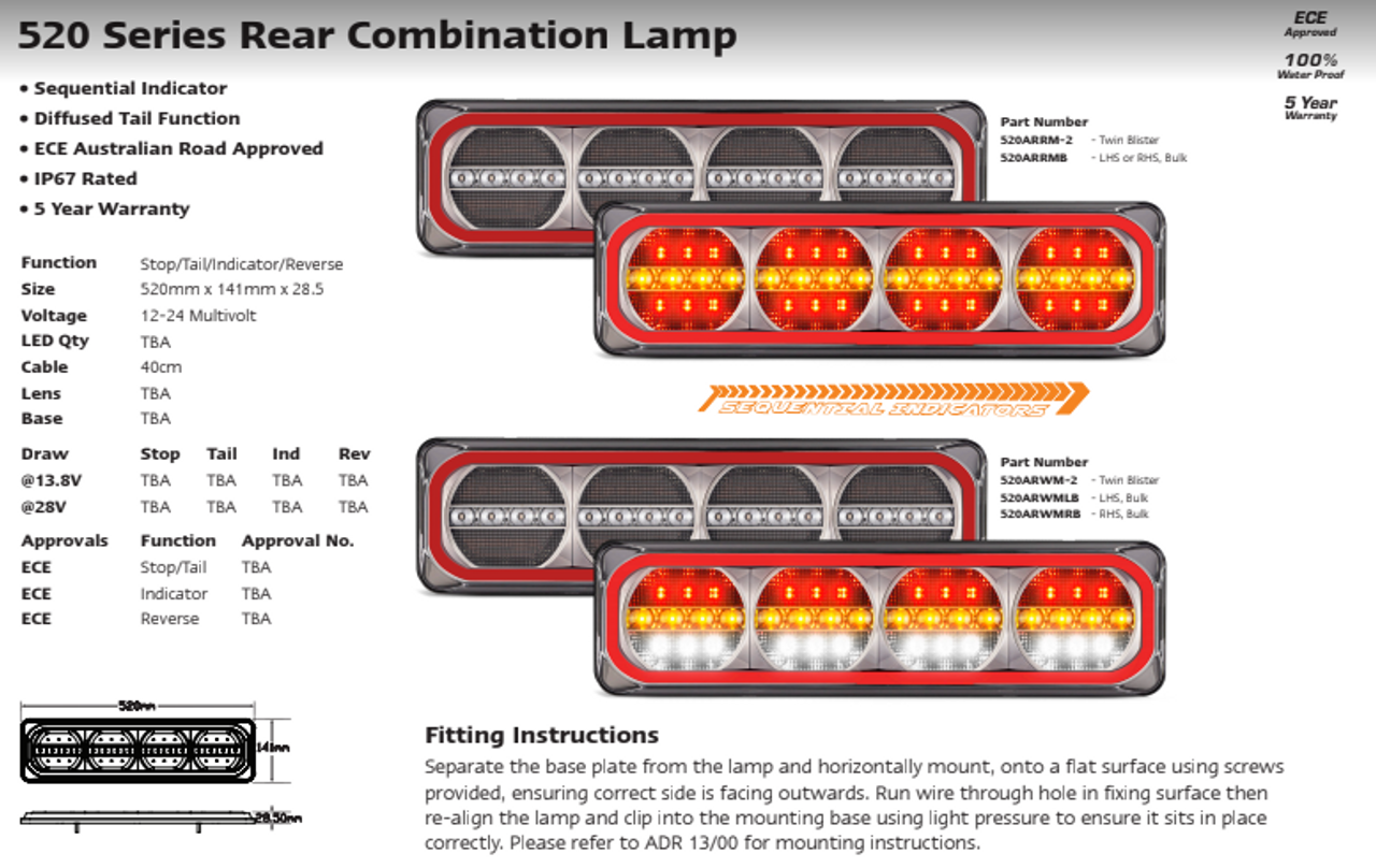 Data Sheet - 520ARWM-2 - Combination Tail Light. Large Tray & Truck Series Light. Diffused Tail Function. Sequential Indicator. Clear Lens. Stop, Tail, Indicator and Reverse Lights. Twin Pack. Multi-Volt 12v & 24v. Autolamp. Ultimate LED. 