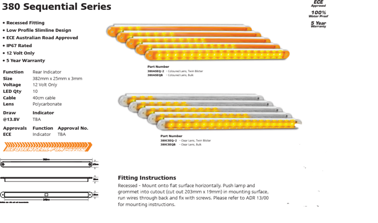 Data Sheet - 380ASEQ-2 - Sequential Indicator. Slimline Low Profile Light. Recessed Fitting. Includes Grommet. Coloured Lens. Twin Pack. Autolamp. Ultimate LED.