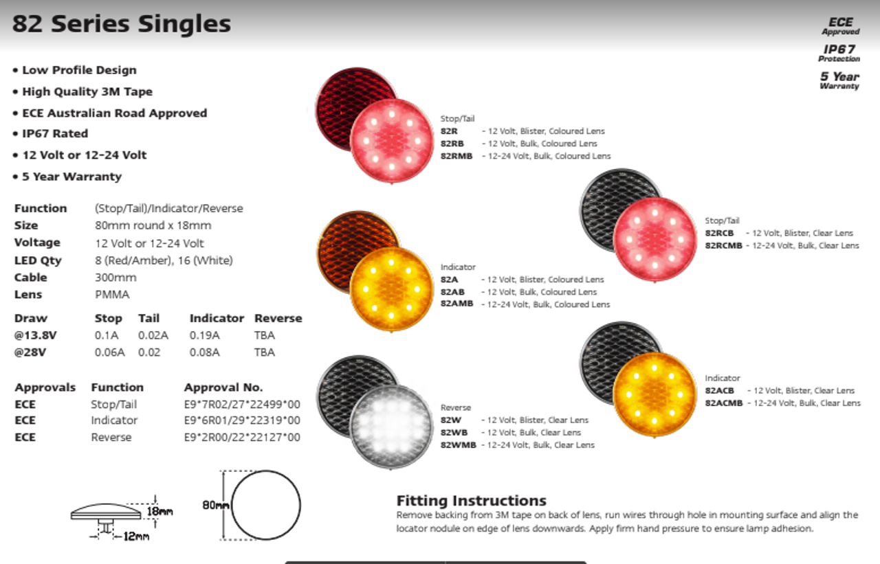 82AMB - Super Bright Rear Function Range. Indicator Light. Multi-Volt 12v & 24v. Coloured Lens. Caravan Friendly. 3m Tape Fitting. Autolamps. Ultimate LED. 