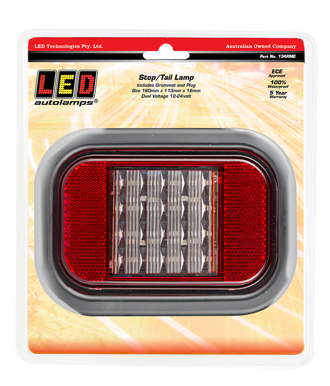 134RMG - Rectangle Recessed Mount Single Function Light. Stop Tail Light with Reflector. High Brightness. Shock, Dust & Water Proof. Includes Grommet and Plug. Multi-Volt 12v & 24v. Autolamps. Ultimate LED.