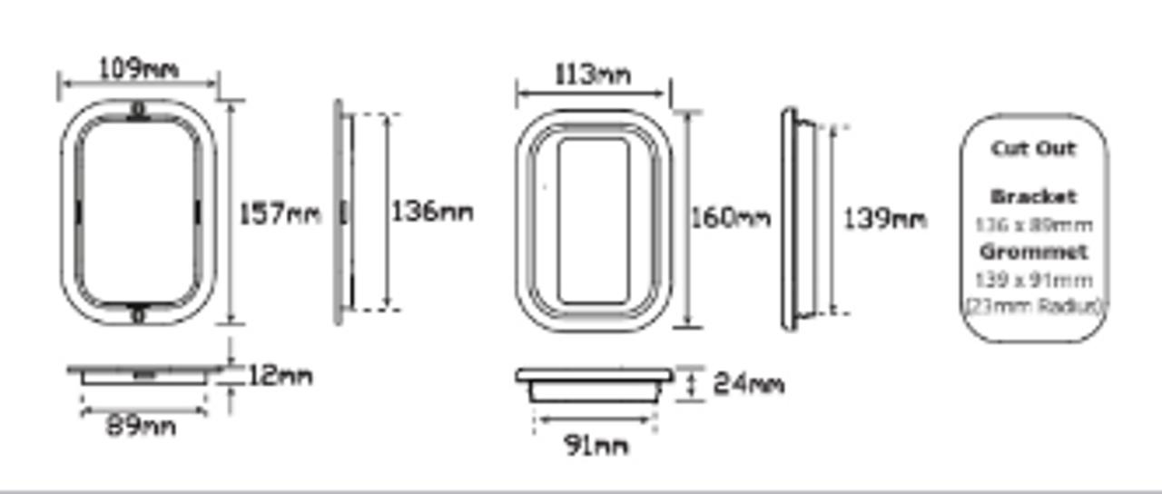 Line Drawing - 134RMG - Rectangle Recessed Mount Single Function Light. Stop Tail Light with Reflector. High Brightness. Shock, Dust & Water Proof. Includes Grommet and Plug. Multi-Volt 12v & 24v. Autolamps. Ultimate LED.