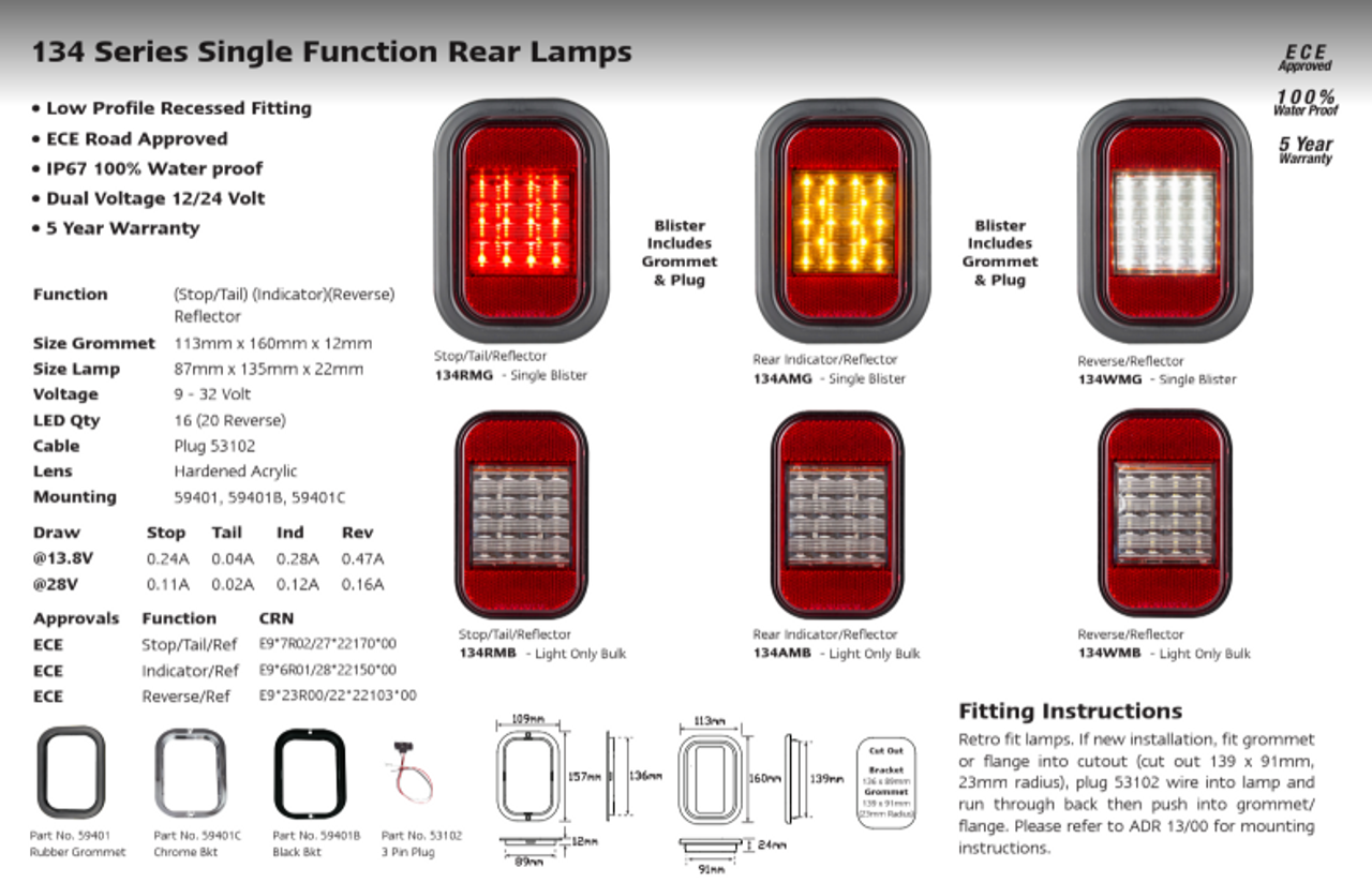 134RMG - Rectangle Recessed Mount Single Function Light. Stop Tail Light with Reflector. High Brightness. Shock, Dust & Water Proof. Includes Grommet and Plug. Multi-Volt 12v & 24v. Autolamps. Ultimate LED.