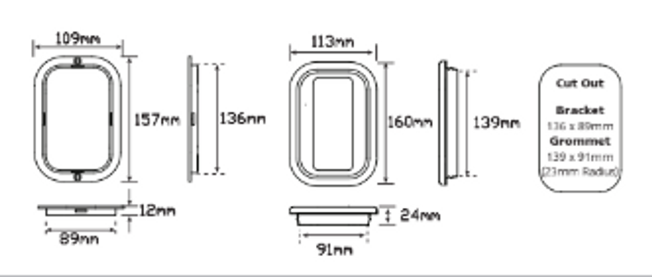 Line Drawing - 134WMG - Rectangle Recessed Mount Single Function Light. Reverse Light with Reflector. High Brightness. Shock, Dust & Water Proof. Includes Grommet and Plug. Multi-Volt 12v & 24v. Autolamps. Ultimate LED.
