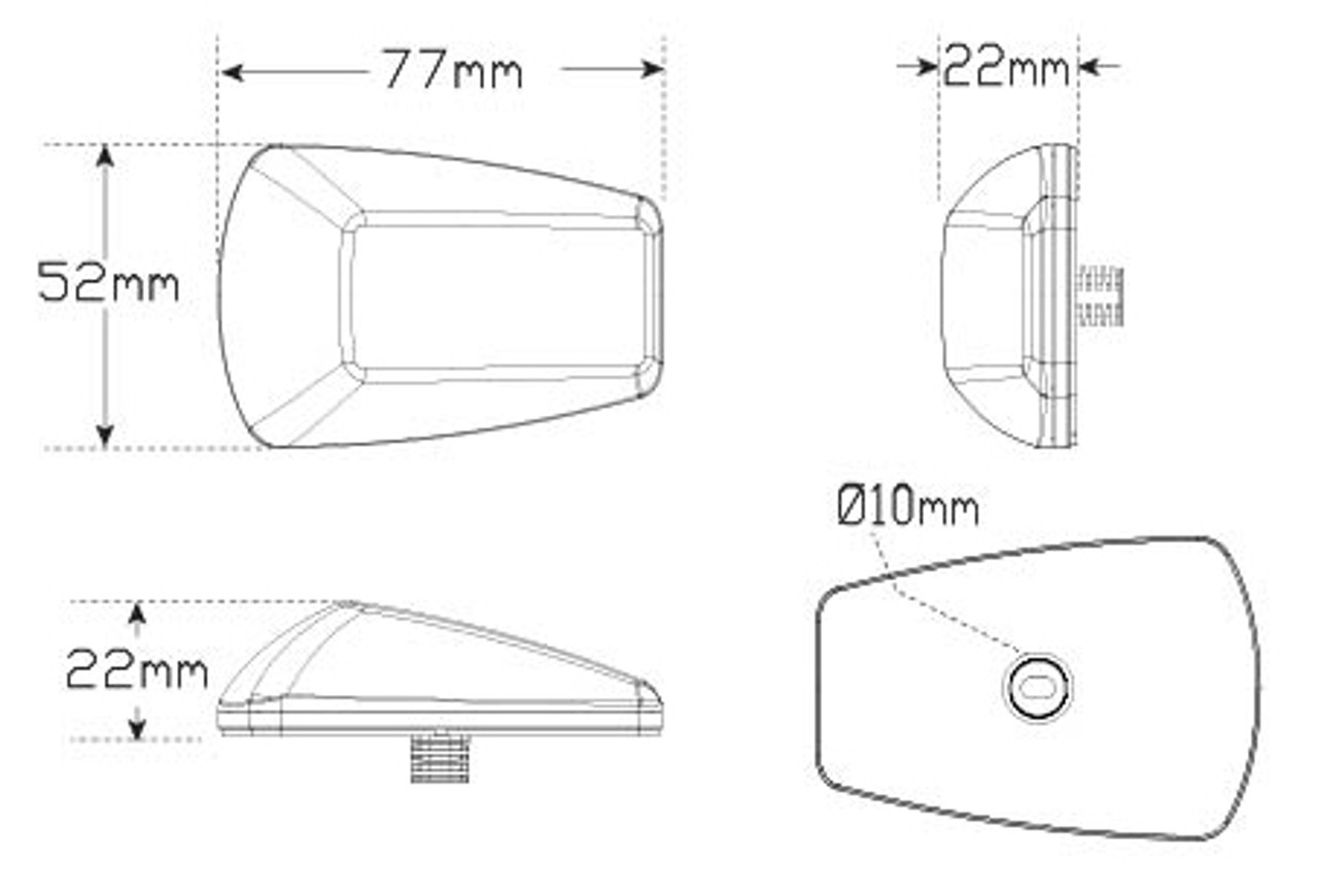 Line Drawing - 77ACM2 - Sleekest Cat 6 Side Direction Indicator. Side Direction Category 6. Multi-Volt 12v & 24v. 3m Tape Fitting Design. Clear Lens. Twin Pack. Autolamps. Ultimate LED. 