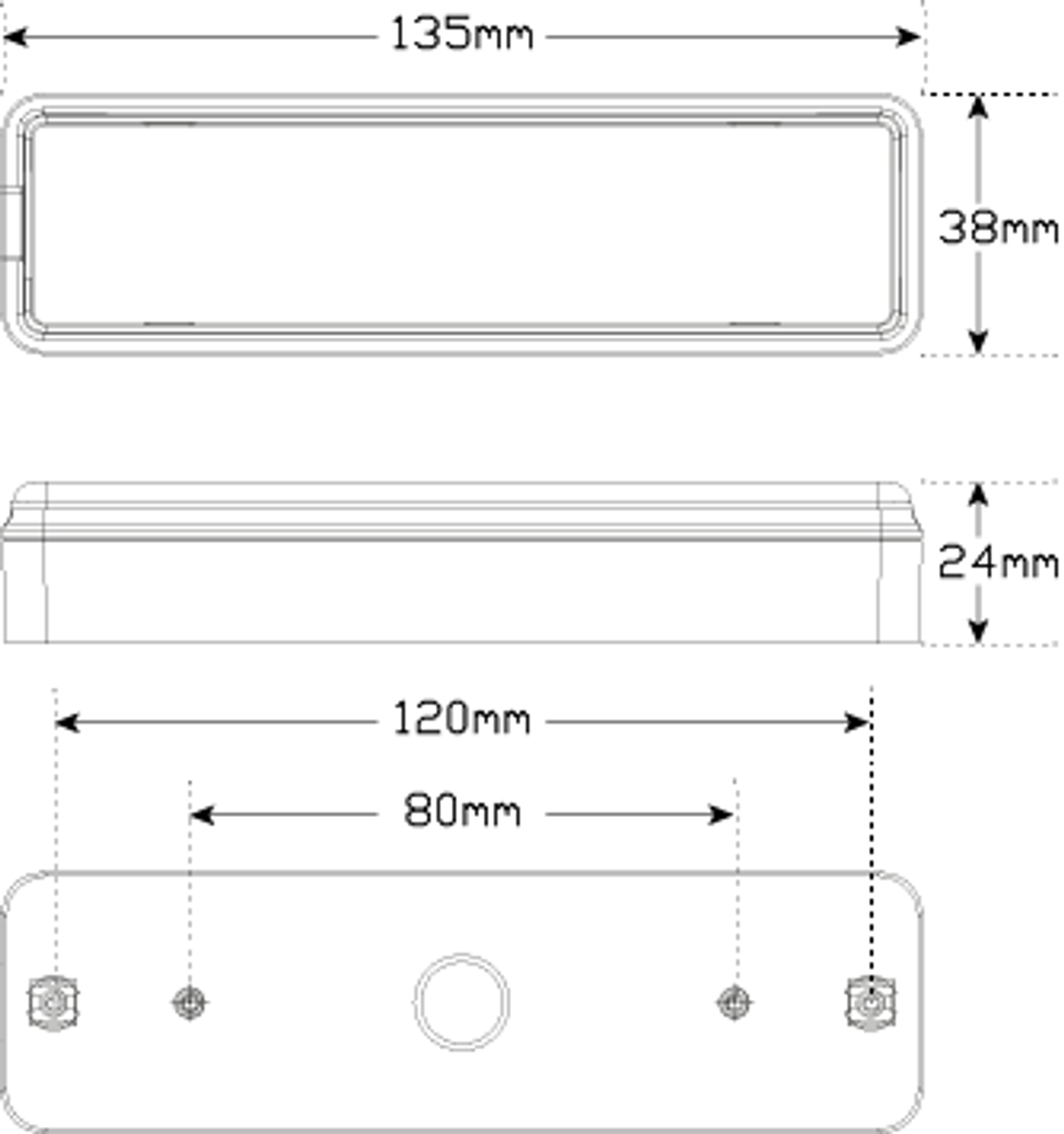 Line Drawing - 135AW2 - Front Indicator and Position Light. Low Profile Design. Bracket or Grommet Mount. 12v Only. Shock, Dust & Waterproof. 5 Year Warranty. Twin Pack. Autolamps.  Ultimate LED. 