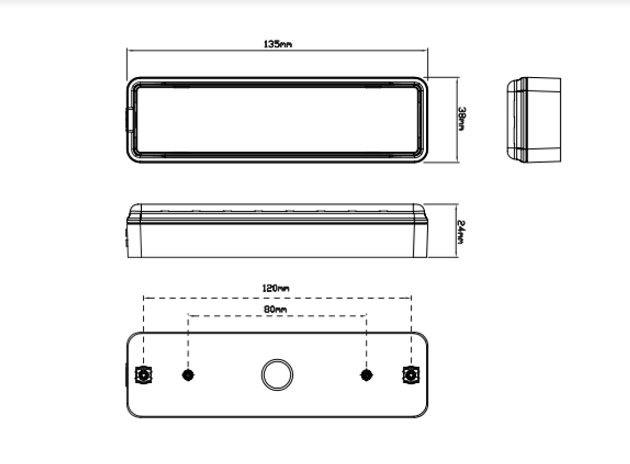 Line Drawing -  135CAT124 - Front Indicator Light. Bracket Included.  24v. Shock, Dust & Waterproof. Low Profile Slimline Design. Single Pack. Autolamps. Ultimate LED. 