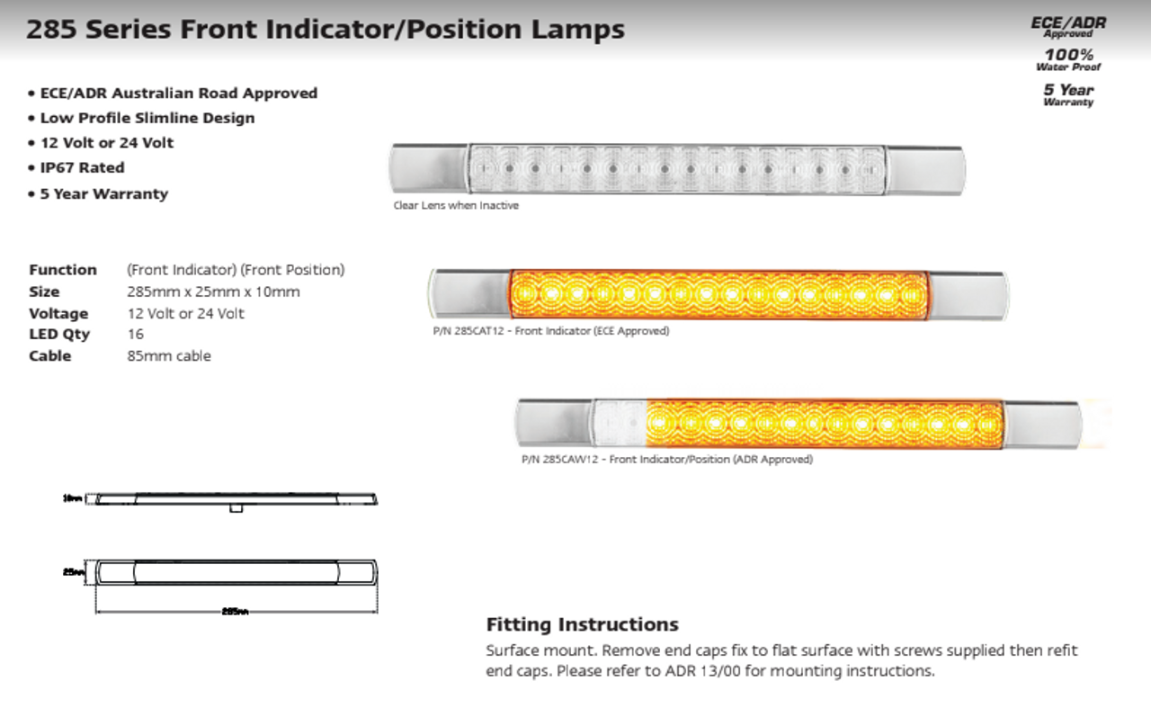 Data Sheet - 285CAT12 - Front Indicator Light. Low Profile Slimline Design. Screw Mount Clip On Caps. Chrome Caps. 12v Only. Autolamps. Ultimate LED. 