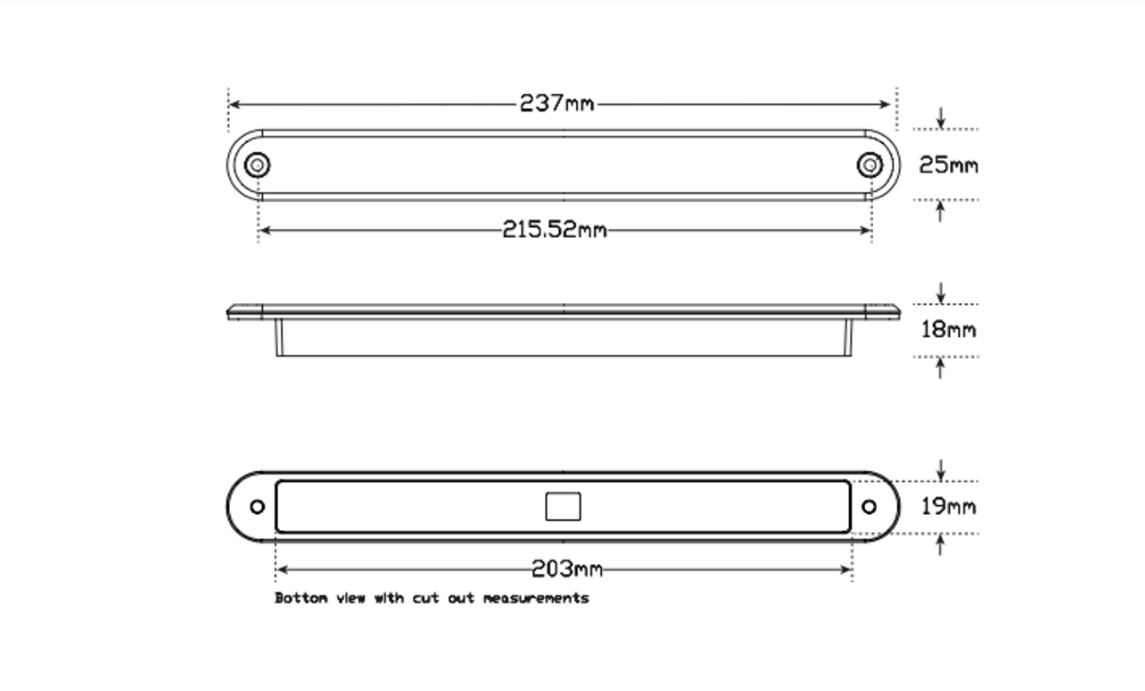 Line Drawing - 235RHM12E - Centre High Level Stop Lamp. Recessed Mount. Slimline, Low Profile. High Brightness LEDs. 5 Year Warranty. Autolamps. Ultimate LED. 