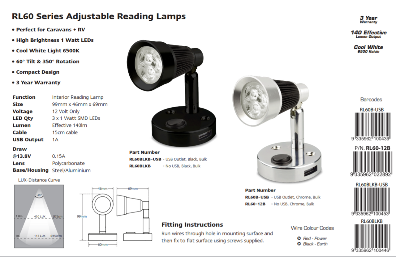 Caravan reading store light with usb