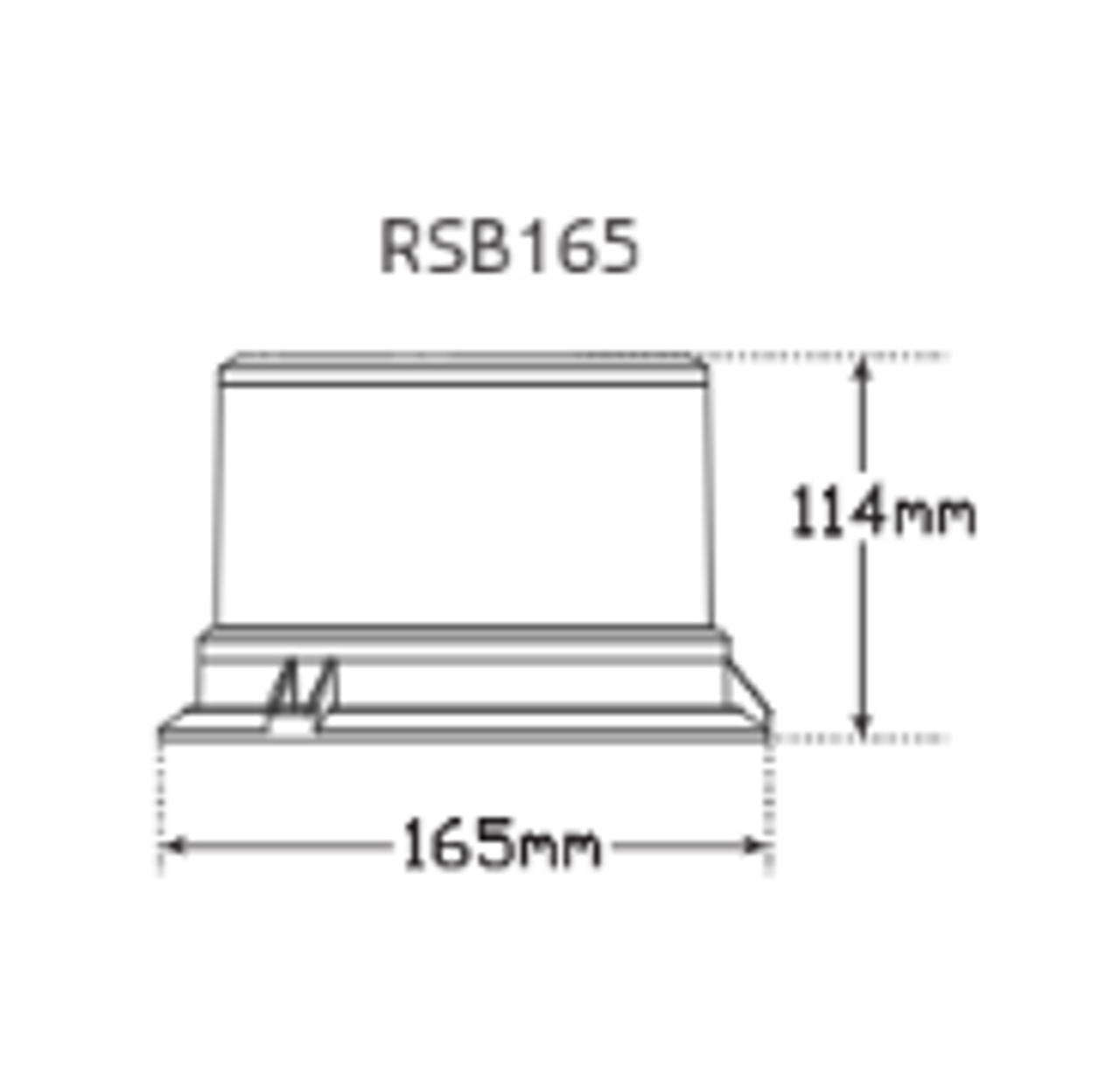 Line Drawing - RSB165 - SB Series. Hazard, Warning, Multiple Strobe and Rotate Beacon. Class 1. 10 Selectable Flash Patterns. 3 Year Warranty. Multi-Volt 12v & 24v. Autolamps.  Ultimate LED. 