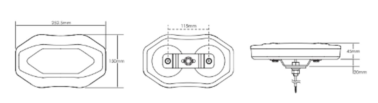 Line Drawing - LB252ACM - Emergency Bar. Class 1. Amber Emergency Bar. Multi-Volt 12v & 24v. Bracket or Single Bolt Mount. Quad Flash Pattern. Autolamps.  Ultimate LED. 