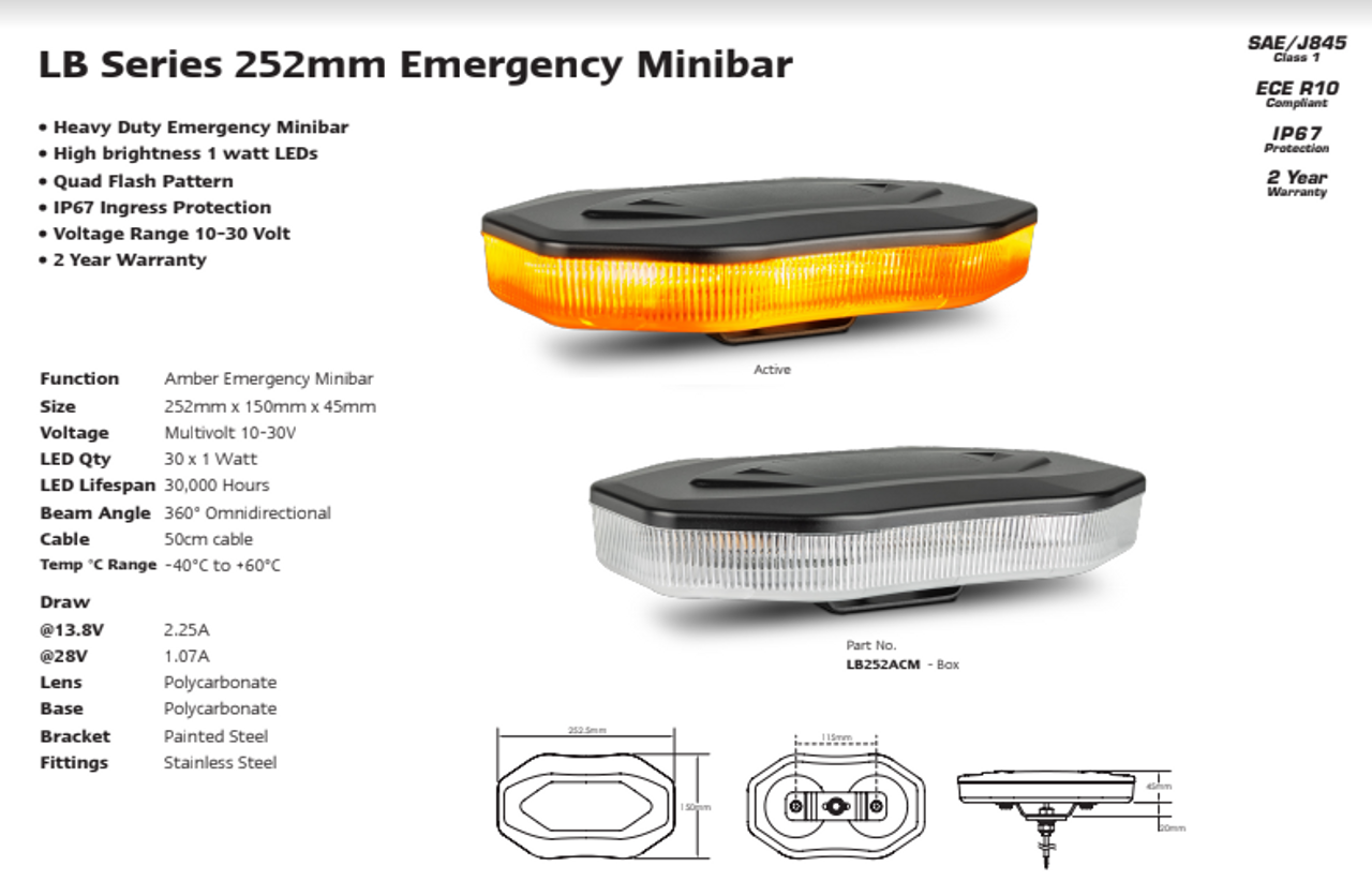 Data Sheet - LB252ACM - Emergency Bar. Class 1. Amber Emergency Bar. Multi-Volt 12v & 24v. Bracket or Single Bolt Mount. Quad Flash Pattern. Autolamps.  Ultimate LED. 