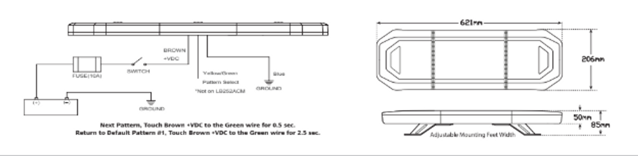 Line Drawing - LB621ACM - Emergency Bar. Class 1. Amber Emergency Bar. Multi-Volt 12v & 24v. 4 Point Bracket. 10 Selectable Flash Pattern. Autolamps. Ultimate LED. 