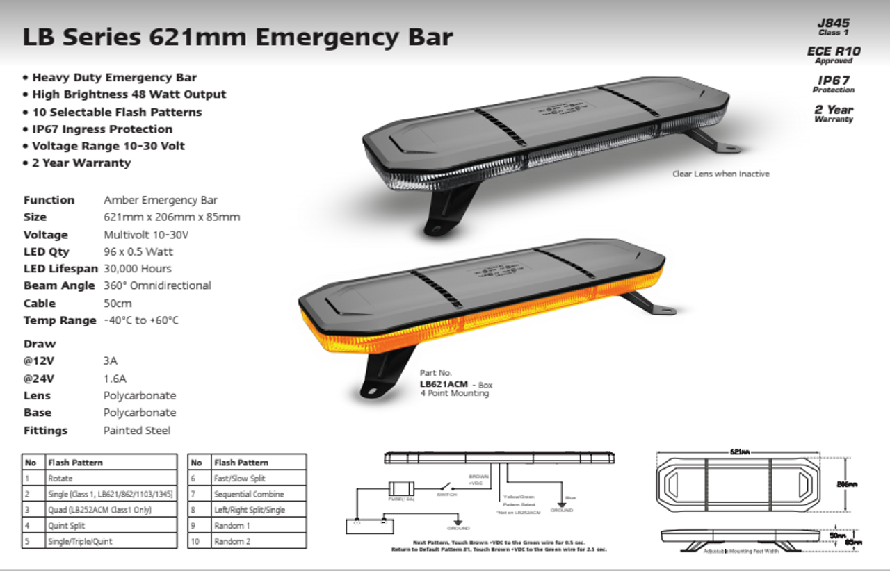 Data Sheet - LB621ACM - Emergency Bar. Class 1. Amber Emergency Bar. Multi-Volt 12v & 24v. 4 Point Bracket. 10 Selectable Flash Pattern. Autolamps. Ultimate LED. 