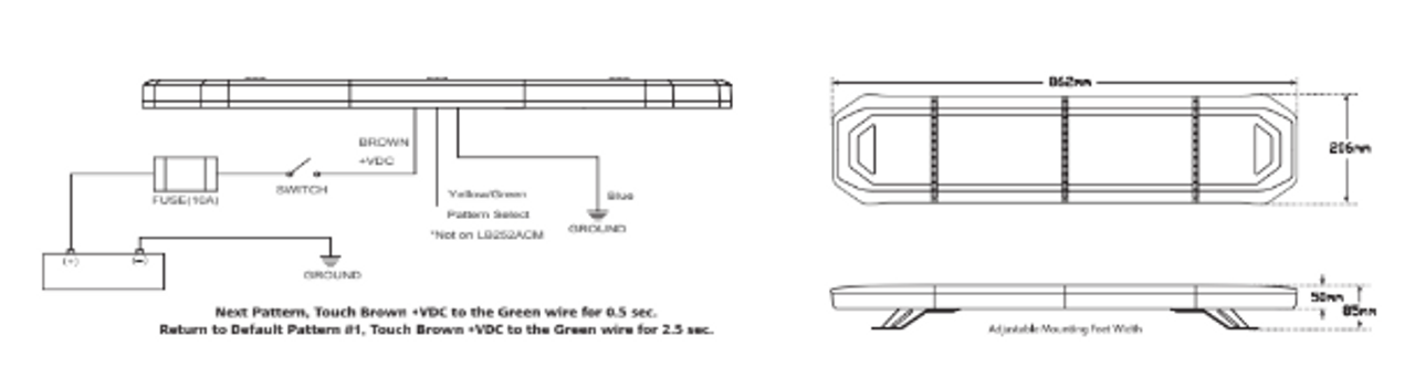 Line Drawing - LB862ACM - Amber Emergency Bar. Emergency Bar. Module Design. Surface Mount. Intense Light Output. 2 Year Warranty. Multi-Volt 12v & 24v. Autolamps. Ultimate LED. 