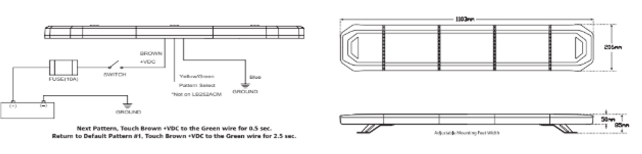 Line Drawing - LB1103ACM - Amber Emergency Bar. Module Design. Surface Mount. Intense Light Output. 2 Year Warranty. Multi-Volt 12v & 24v. 4 Point Bracket. 10 Selectable Flash Pattern. Autolamps. Ultimate LED.