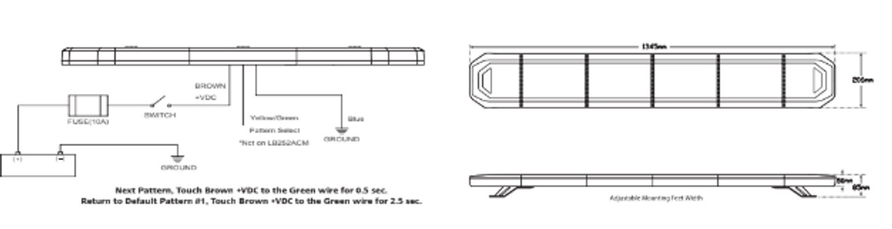 Line Drawing - LB1345ACM - Amber Emergency Bar. Module Design. Surface Mount. Intense Light Output. 2 Year Warranty. Multi-Volt 12v & 24v. 4 Point Bracket. 10 Selectable Flash Pattern. Ultimate LED. 