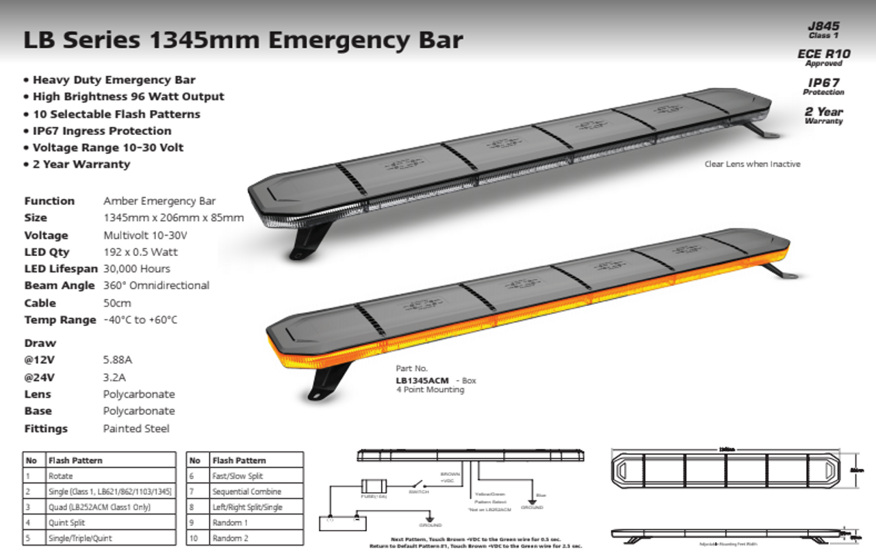 Data Sheet - LB1345ACM - Amber Emergency Bar. Module Design. Surface Mount. Intense Light Output. 2 Year Warranty. Multi-Volt 12v & 24v. 4 Point Bracket. 10 Selectable Flash Pattern. Autolamps. Ultimate LED. 