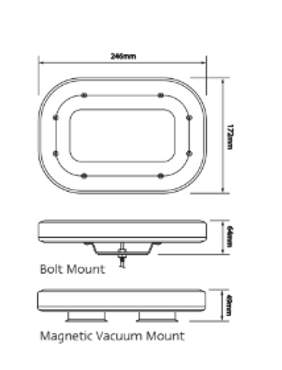 Line Drawing - LB246ACM - Emergency Minibars Amber Range. High Brightness LEDs. 18 Selection Flash Patterns. Clear Lens. 5 Year Warranty. Single Bolt. Multi-Volt 12v & 24v. Autolamps. Ultimate LED. 