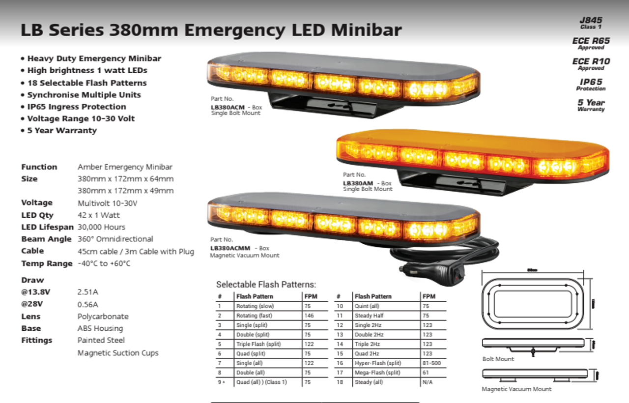 Data Sheet - LB380AM - Emergency Mini Bars. Surface Mount. Amber Emergency Mini Bar 380 Series. Coloured Lens. Single Bolt Mount. 5 Year Warranty. Multi-Volt 12v & 24v. Class 1. 18 Selectable Flash Patterns. Autolamps. Ultimate LED. 