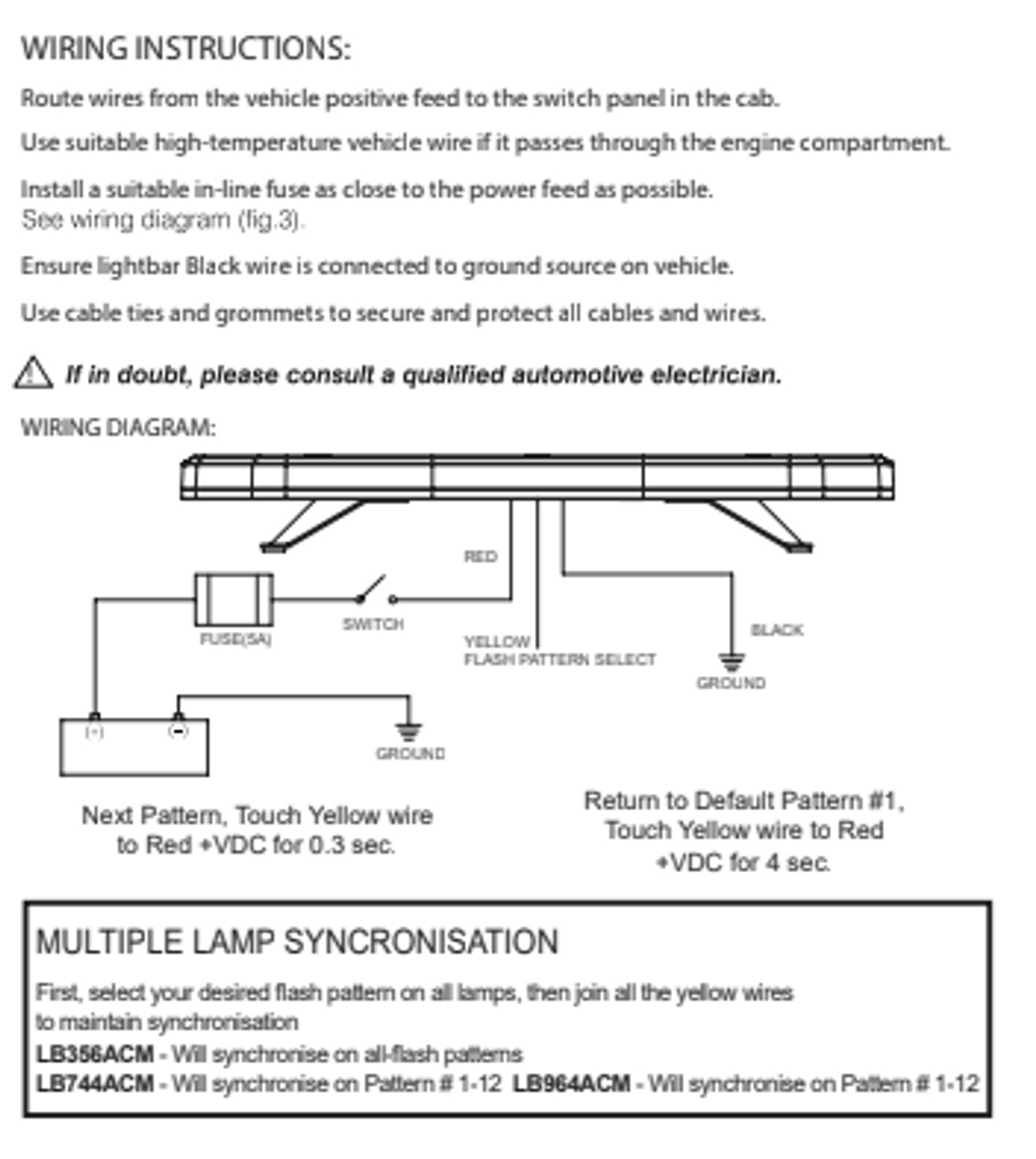 Wiring - LB964ACM - Amber Emergency Bar. High Brightness LEDs. Heavy Duty Build. Low Profile. Surface Mount. Multi-Volt 12v & 24v. 19 Selectable Flash Patterns. Autolamps. Ultimate LED. 