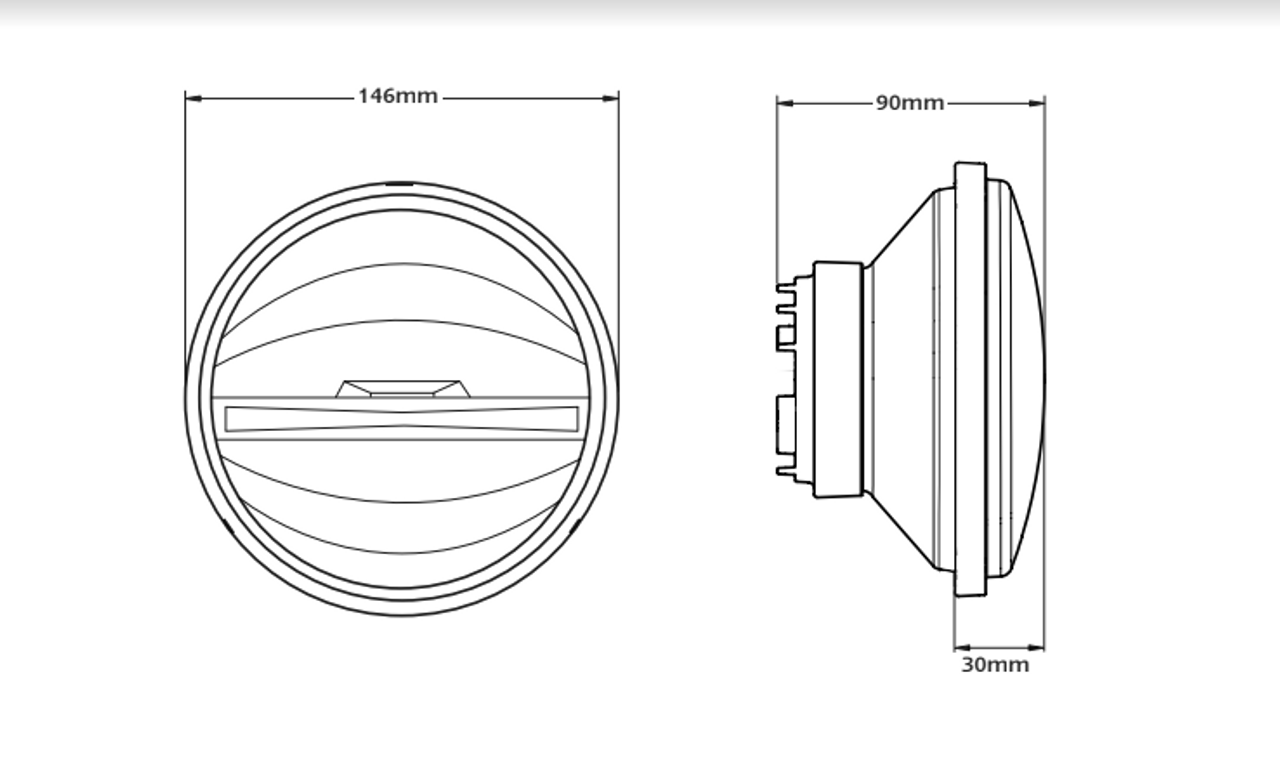 Line Drawing - HL146 - High, Low Beam and Front Position Halogen Replacement Light. Twin Pack. 5' Round Light. Multi-Volt 12v & 24v. Autolamps.  Ultimate LED.