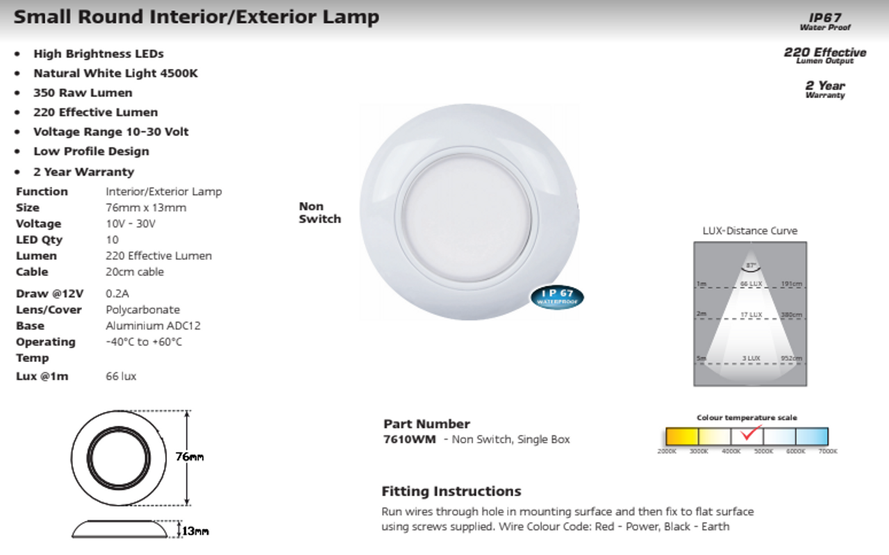 Data Sheet - 7610WM - Interior, Exterior Light. Surface Mount. Hard Wired. Low Profile. Water Proof Design. 2 Year Warranty. Multi-Volt 12v & 24v. Autolamp.  Ultimate LED.