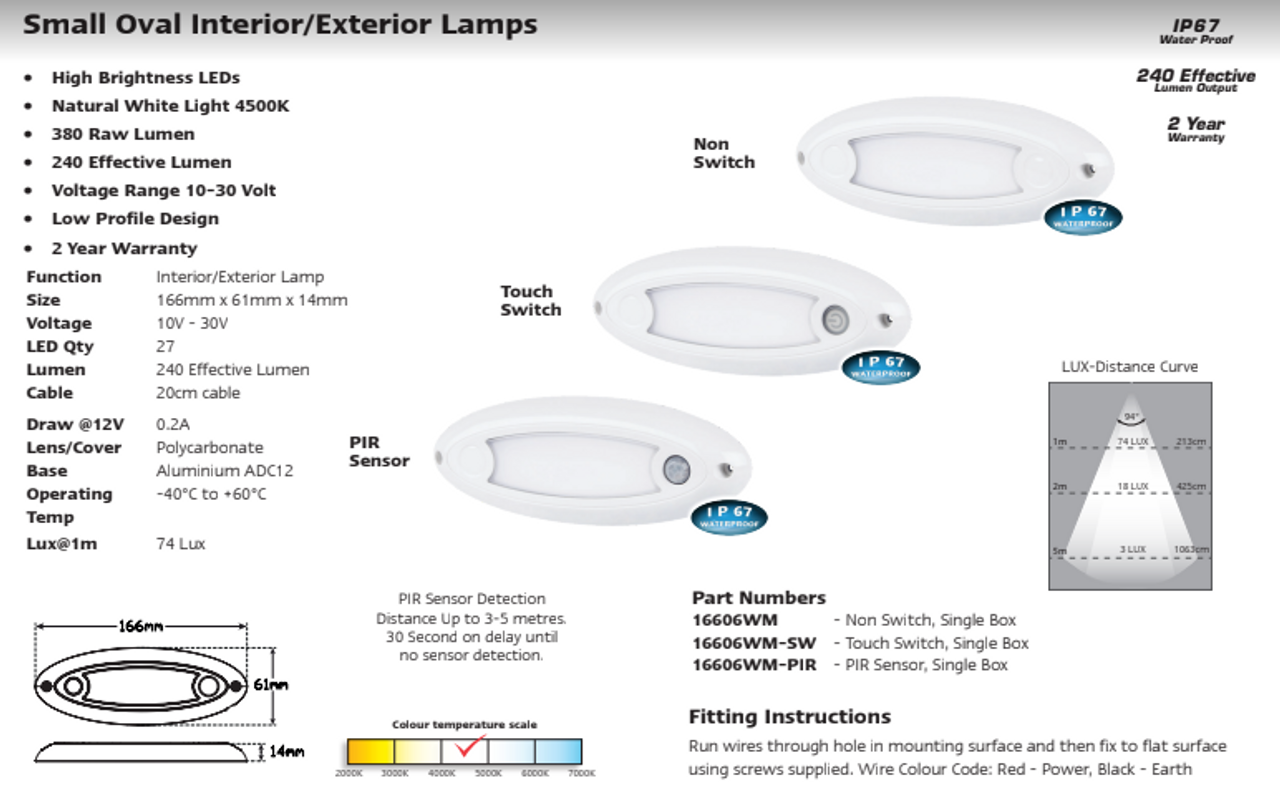 Data Sheet - 16606WM-SW - Oval Interior, Exterior Light. Water Proof Design. Low Profile Design. Surface Mount. 2 Year Warranty. Warm White Light. Touch Switch. Autolamps. Ultimate LED. 