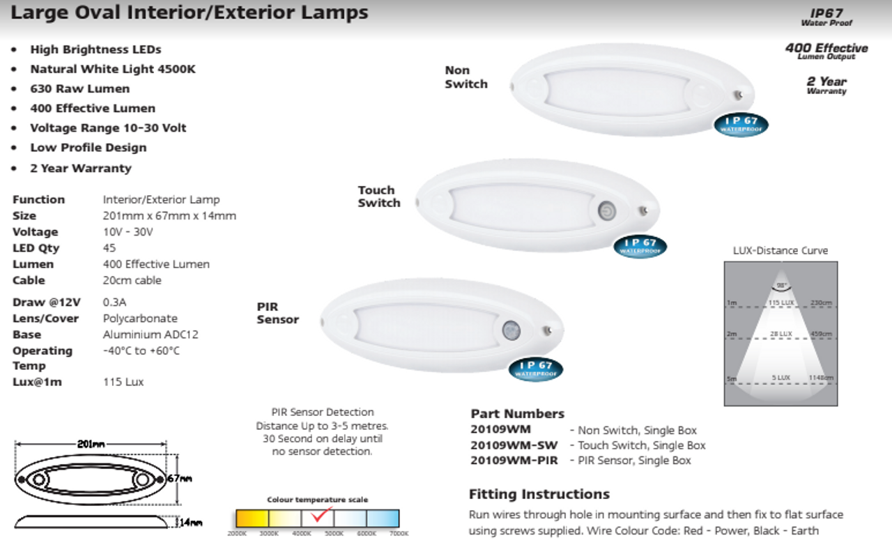 Data Sheet - 20109WM - Oval Interior, Exterior Light. Warm White. Water Proof Design. Low Profile Design. 2 Year Warranty. Multi-Volt 12v & 24v. Autolamp. Ultimate LED. 