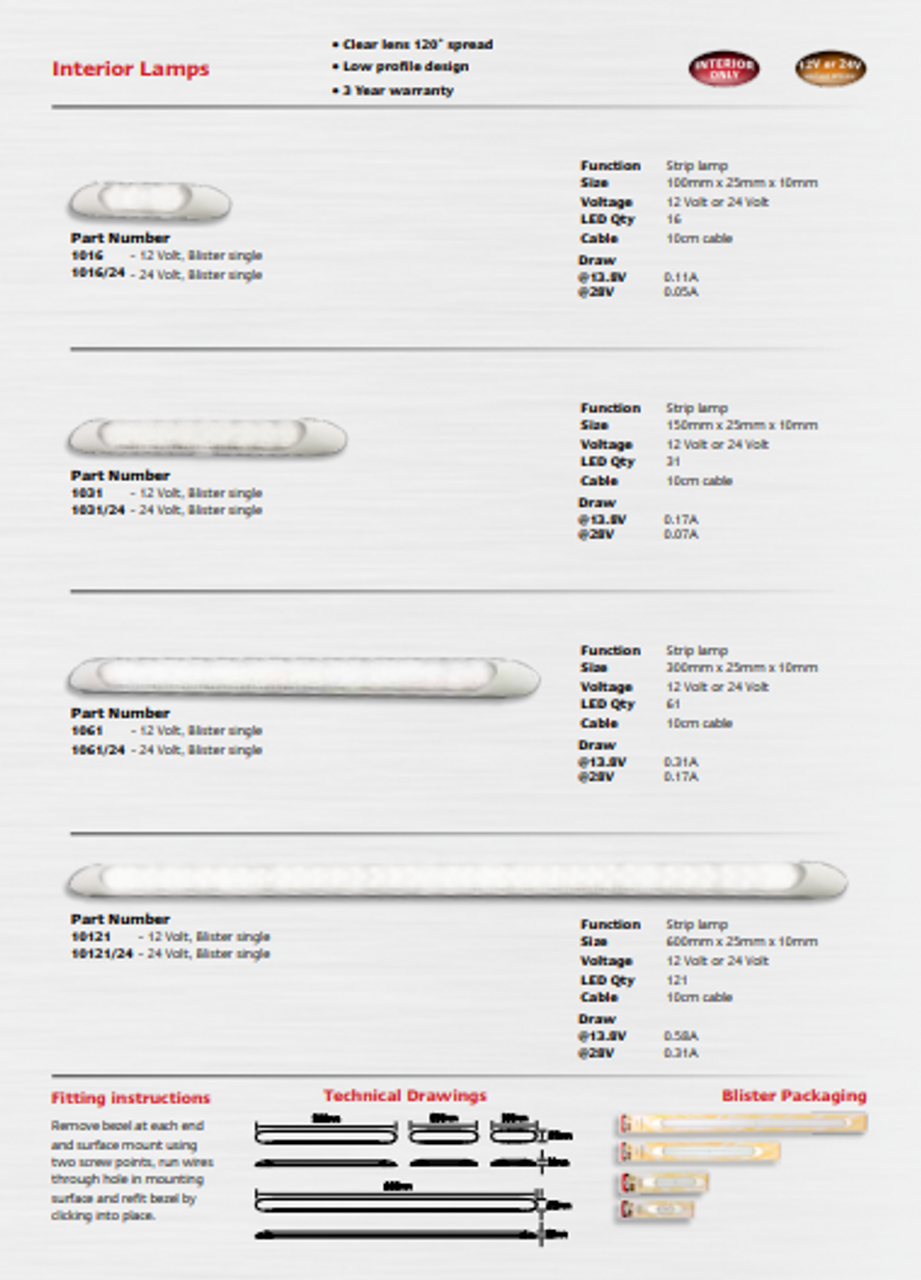 Data Sheet - 1016 - Strip Interior Light. High Brightness. Low Profile. 3 Year Warranty. 12v Only. Non Switch. Cool White. Autolamps. Ultimate LED. 