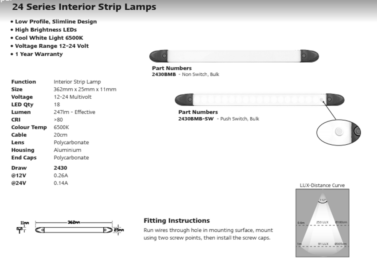 Data Sheet - 2430BMB - Interior Strip Mount Light. High Brightness LEDs. Low Profile. Surface Mount. Cool White. 1 Year Warranty. Autolamp.  Ultimate LED. 