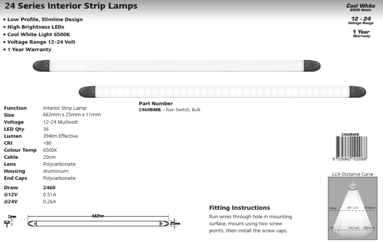 Data Sheet - 2460BMB - Interior Strip Mount Light. High Brightness LEDs. Non Switch. Low Profile. Surface Mount. Cool White. 1 Year Warranty. Autolamp. Ultimate LED. 