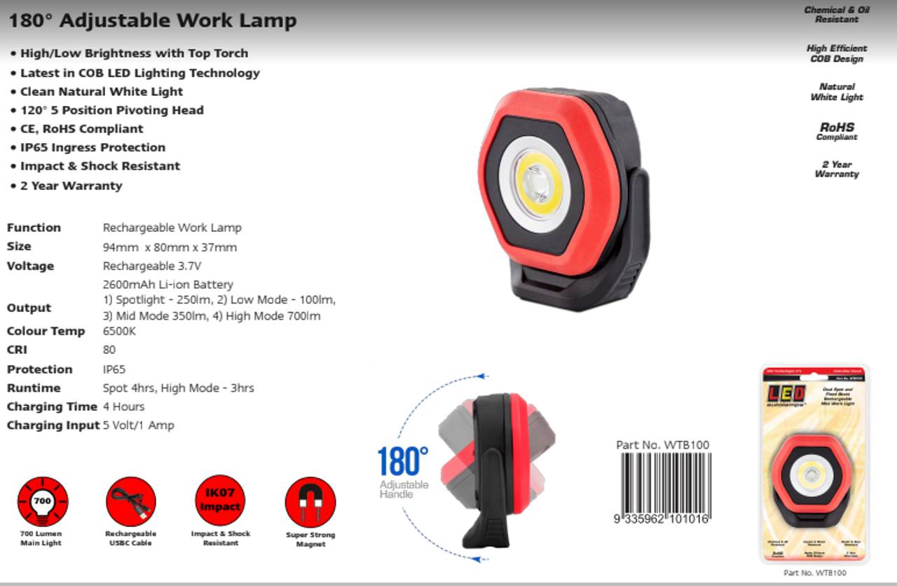 WTB115 - Rechargeable Work Light. Dual Spot and Flood Beam. Highly Efficient COB Design. 2 Year Warranty. Chemical Resistant. Impact Resistant. Autolamp. Ultimate LED. 