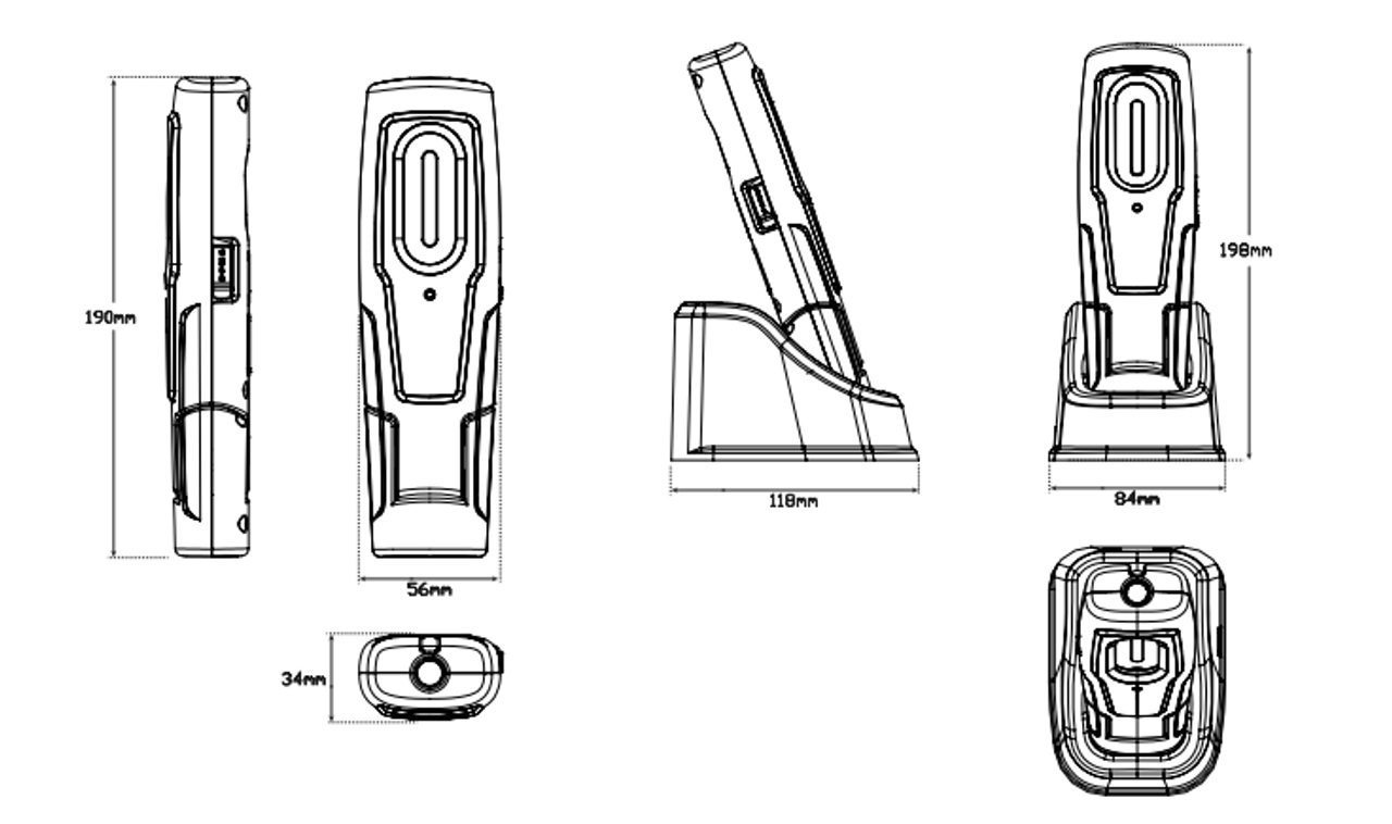 Line Drawing - HH190 - Pivoting Inspection Lamp. Rechargeable Light. Flood Lamp with Top Light. Highly Efficient COB Design. 2 Year Warranty. Super Strong Magnetic Rear Pad. Swivel Hanging Hook. 7 Position Pivoting Base. Autolamp. Ultimate LED. 