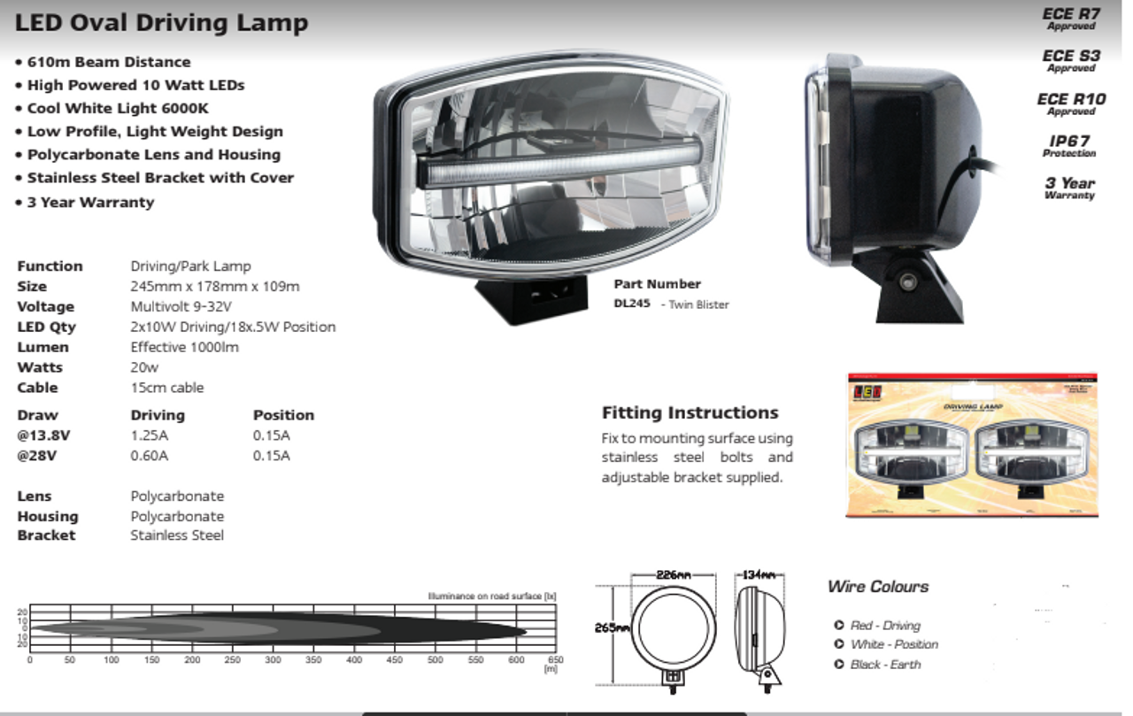 Data Sheet - DL245 - Oval Driving Lamp. Driving, Front Position Light. Road Approved. 5 Year Warranty. Twin Pack. Multi-Volt 12v & 24v. Autolamp. Ultimate LED.